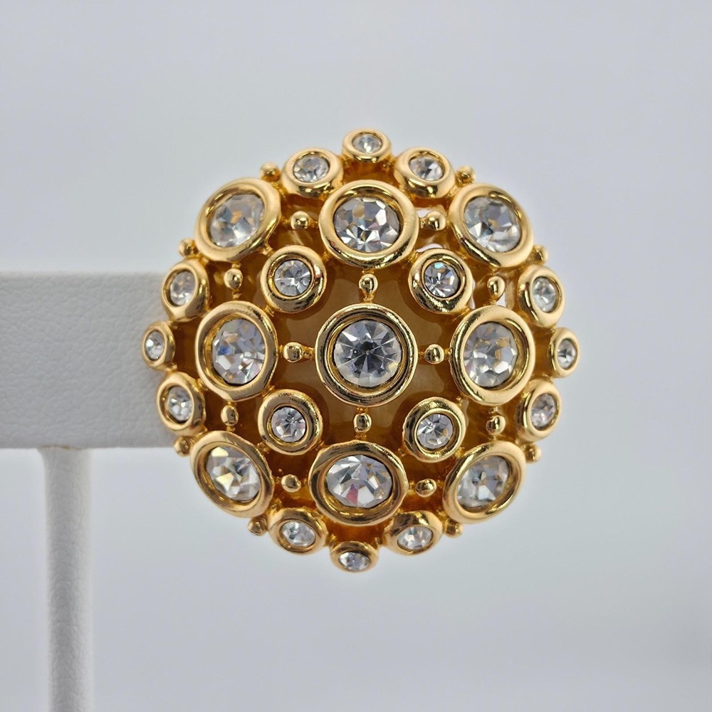 Vtg SWAROVSKI Clip-On Earrings Honey Comb Cluster Crystals Domed Gold Plate - Picture 4 of 11